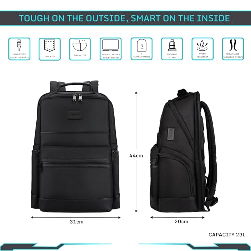 Image of F Gear Varello 23L Premium Black Tech Laptop Backpack|USB & Type-C Charging Ports|2 Compartments, 3 Pockets|Fits 17-inch Laptop|Water-Resistant, Tablet Sleeve, Luggage Strap|Work & Travel Backpack