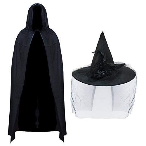 Robelli Deluxe Halloween Witch Hat & Veil with Velvet Cape Fancy Dress Costume Set, Black