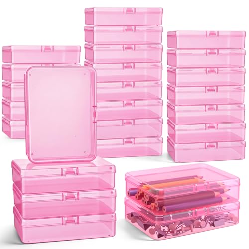 Image of Dunzoom 25 Pcs Plastic Crayon Boxes with Lids, 4.53 x 3.35 x 1.1 Inches Stackable Small Storage Organizer Containers Crayon Pencil Case for Art Crafts Jewelry Beads Office Supplies(Pink)