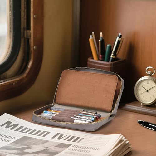 Image of Fountain Pen Leather Pen Case 10 Divided Slots, Rollerball Pen Holder Handmade Display Organizer Zippered Pouch