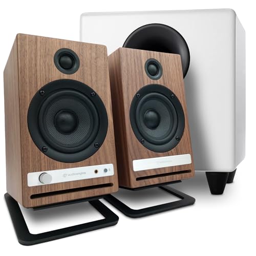 Image of Audioengine HD4 Walnut Wireless Computer Speakers with S8 White Subwoofer and DS2M Stands