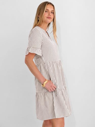 Image of Caracilia Dresses for Women Summer 2026 Striped V Neck Ruffle Sleeve A Line Tiered Flowy Casual Mini Beach Dress with Pockets