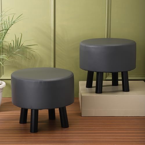 LUSHLIN Wooden Ottoman Stool for Living Room – Leather Pouffe, Multi-Purpose Footrest and Extra Seating, Durable & Stylish, Set of 2, Charcoal Grey
