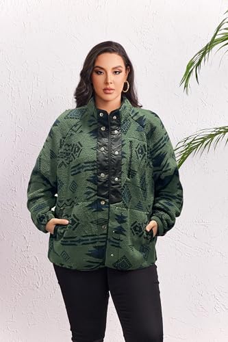 IN'VOLAND Plus Size Womens Fleece Jacket Western Aztec Print Long Sleeve Snap Button Down Shacket with Pockets3