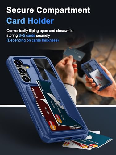 Image of Vihibii for Samsung Galaxy S24 Plus Back Cover with Card Holder (4 Cards) & Slide Camera Cover & Kickstand, Hard Case for Galaxy S24 Plus, Blue