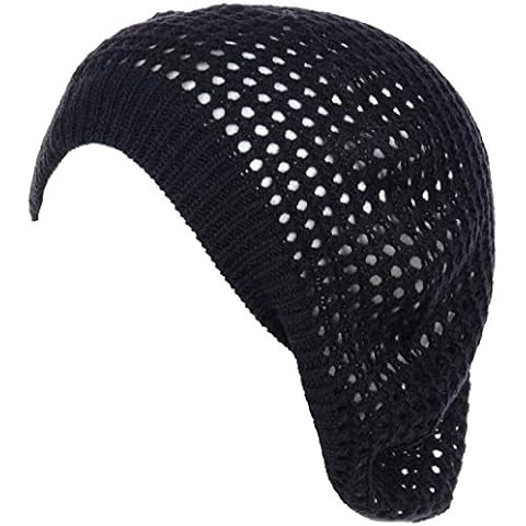 BYOS Women’s Chic Cutout Open Net Knit Lightweight Slouchy Crochet Beret Hat, Net-black, One Size Cover