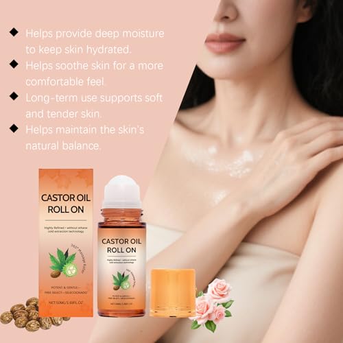 EELHOE Organic Castor Oil Roll-On – Cold Pressed for Fuller Brows & Lashes, Skin & Body Moisturizer and Hair Growth, 1.69 oz Glass Bottle