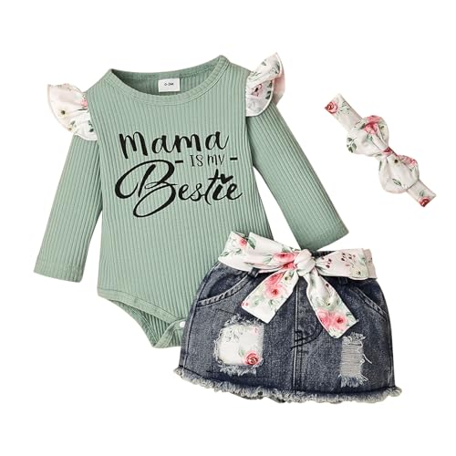 Image of CETEPY Baby Girl Clothes Newborn Long Sleeve Ruffle Romper Short Skirt Jeans Pants Leporad Headband Infant Outfits