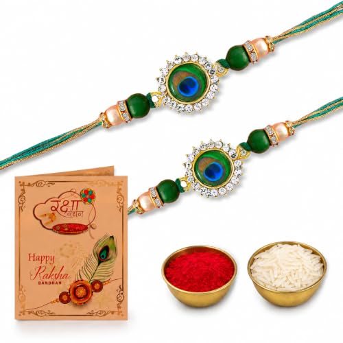 Image of Rakhi For Brother | Elegant Kundan Gold Plated Metal Rakhis For Brother Bhai Rakhi With Roli Chawal and Greeting Card (Set of 2 Rakhis)