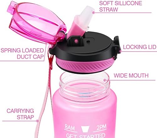 1 litre Water Bottle with Straw, Motivational Fitness Sport Water Bottle with Time Maker, Leakproof BPA-free Tritan Drink Bottle for Outdoor, Cycling, Gym, School & Office (Pink Blue)