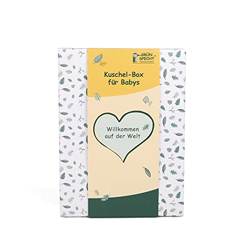 GRÜNSPECHT Kuschel-Box für Babys mit Wärme-Kuscheltier, Holzgreifling, Bio-Abdruckset & Geschichte zum Vorlesen, Geschenk Geburt, Babyparty (GB-006)
