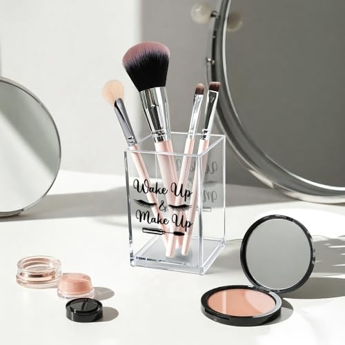 Image of Wake Up And Make Up Acrylic Makeup Brush Organizer Holder, Beauty Student Pen Holder Cup, Motivational Morning Gifts for Women Makeup Lover, Beauty Gifts for Her Beautician Sister Friend