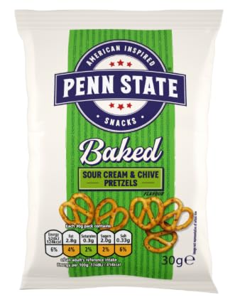 Image of Penn State Sour Cream & Chive Pretzels – 33 x 30g | Baked Wheat & Potato Snacks | Vegetarian | Individually Wrapped