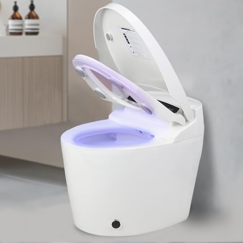 Inodoro inteligente sin tanque con rociador de agua tibia y secador, operación por sensor de pie, bidé con asiento calefactable, pantalla LED incorporada, luz nocturna y secador (Blanco)