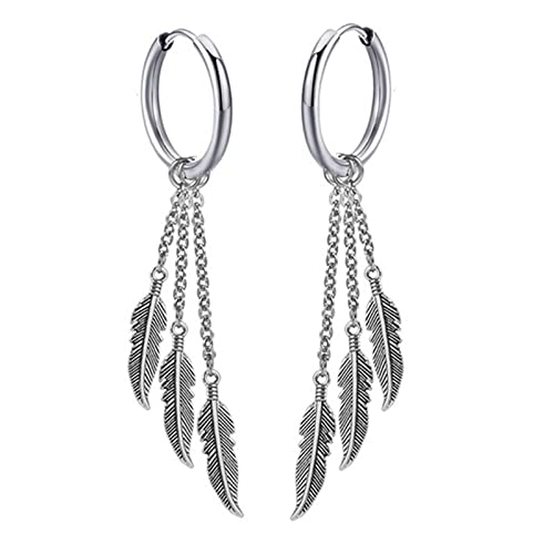 MALOYANVE Feather Dangle Earrings for Men Women 316L Surgical Stainless Steel Huggie Hoop Dangle Earrings Punk Hip Hop Vintage Feather Drop Earrings