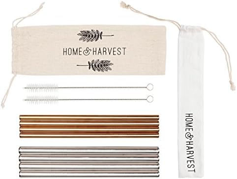 Reusable Stainless Steel Straws by Home & Harvest | Set of 8 Including 4 Extra Wide Smoothie Straws + 4 Rose Gold Straws | Includes 2 Cleaning Brushes + Handy Travel Carrying Case