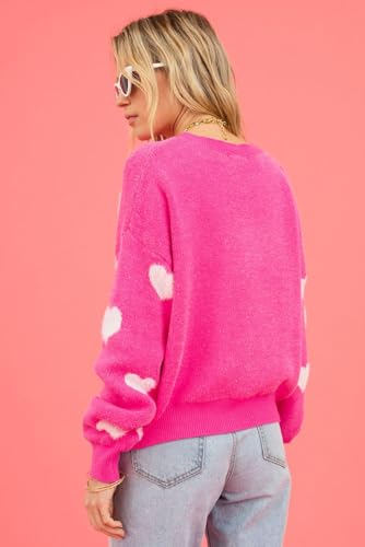 Women's Bright Pink Fuzzy Valentine Hearts Drop Shoulder Sweater Casual Heart-Shaped Long Sleeve Pullover Tops2