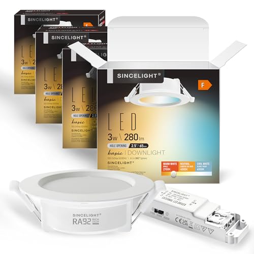 SINCELIGHT LED Einbauleuchte 3W, Kleines Downlight für 65mm Deckenloch, Schrank, Vitrine, Kompakt-Profile, Warmweiß 2700K, RA≈92 Hoher Farbwiedergabeindex, 4er-Pack