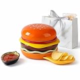 VIVBCLI Keramik Hamburger Teller & Schüssel-Set, Stapelbare Mehrschicht-Snackteller, Kreatives Serviergeschirr mit Geschenktasche & Blatt-Dipschale, für Familie, Party, Originelles Geschenk (1)