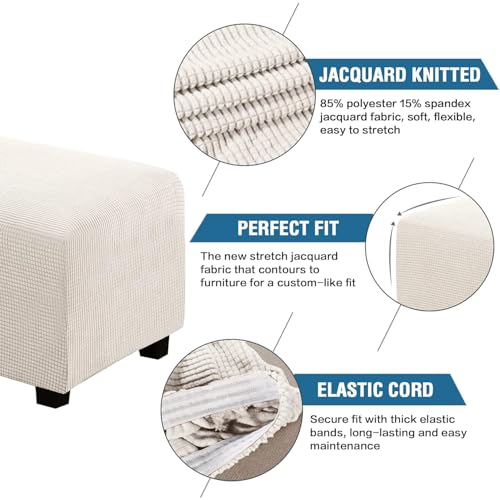 Image of H.VERSAILTEX Ottoman Cover Slipcover Rectangle Fit Length 29 inch-34 inch Footrest Sofa Slipcovers Stool Cover Footstool Protector Covers Feature Stretch Thick Soft Jacquard Fabric Removable Washable - Ivory