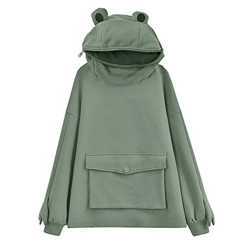 Women's/Girl's Cute Frog Hoodie Zipper Mouth Casual Loose Tunic Cute Cosplay Costume Tops with Pockets (Color : Dark Green, Size : S)