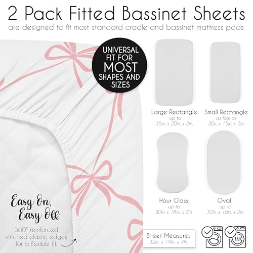 Image of Sweet Jojo Designs 2-Piece Baby Bassinet Sheets Set (Pink Bows) for Girls, Infant Newborn Nursery, Oval, Rectangle & Hourglass Mattress (Blush & White Bow for Ballet, Ballerina Princess Collection)