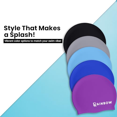 Image of Rainbow Silicone Swimming Cap for Men, Women & Kids | Stretchable Swim Cap for Long & Short Hair | Durable, Waterproof & Comfortable Fit - Black