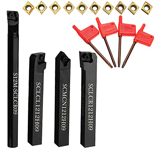 Maizoon CNC-Drehbank-Werkzeughalter, 4 Stück, S12M-SCLCR09 SCLCR1212H09 SCLCL1212H09 SCMCN1212H09 + 10 Hartmetall-Einsätze + 4 Schraubenschlüssel, robuste Drehmaschine Innennut Drehbohrstange DZ07 Cover
