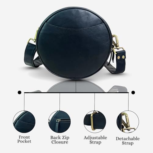 Madosh Stylish Round Crossbody Bag for Women – Small Circular Genuine Leather Purse with Adjustable Strap Black Side Shoulder Fashion Handbag3