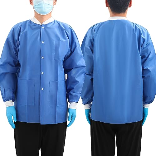 Image of JMU 10-100 Pack Disposable Lab Coats, SMS Disposable Medical Jackets | Disposable Lab Coats for Men and Women, Knit Cuffs Collar, 3 Pockets