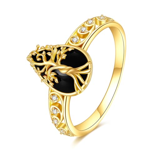 KECHO 14k Real Gold Black Onyx Ring Solid Yellow Gold Ring Jewelry Gifts for Women
