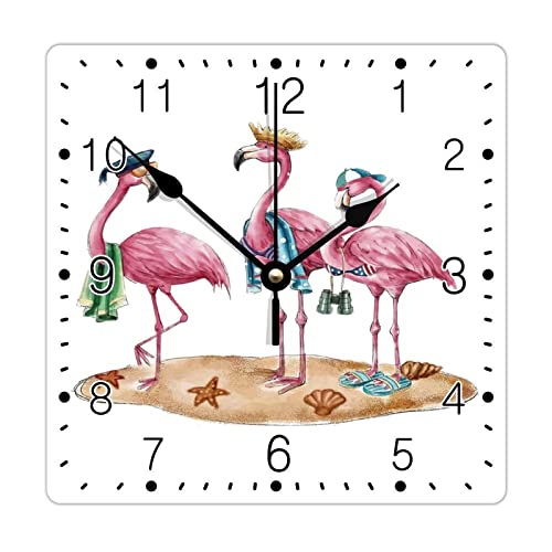 Godblessign Colorful Tropical Flamingo Pink Bird Wall Clock Hawaii Beach Square Clocks Hello Summer Decorative Clocks Battery Operated 10 Inch Tuscan Cabin Wall Home Decor Living Room Decor #TOP29