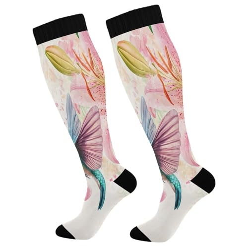 Burbuja Hummingbird Pink Lilies Compression Socks for Women Men (20-30mmHg), Knee High Socks Circulation Support for Sport Running Hiking Nurse, 1 Pair