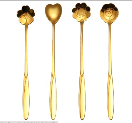 4pcs stainless steel cherry blossom spoon coffee spoon rose flower spoon wedding gift bird's nest gift spoon honey spoon (gold-A3)