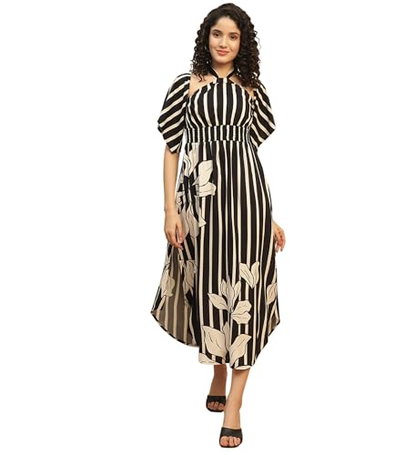 Image of DEEBACO Solid Rayon A-Line Slit Dress for Women's|Off Shoulder Short Bell Sleeve Maxi Dress with Pockets|Summer Western Party Casual Wear Dress for Ladies