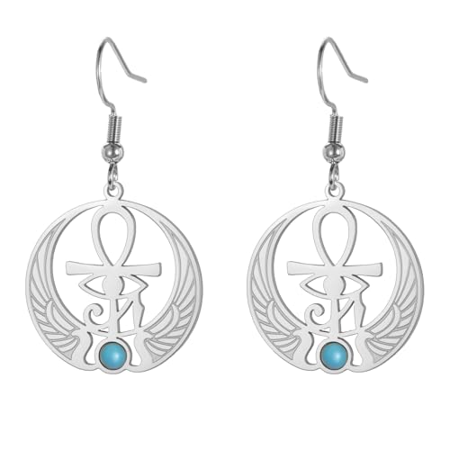 LIKGREAT Pendientes Egipcios con Ojo de Horus Ankh Escarabajo Zafiro Pendientes Colgantes Amuleto de Protección del Antiguo Egipto Joyería para Mujer (Plata)