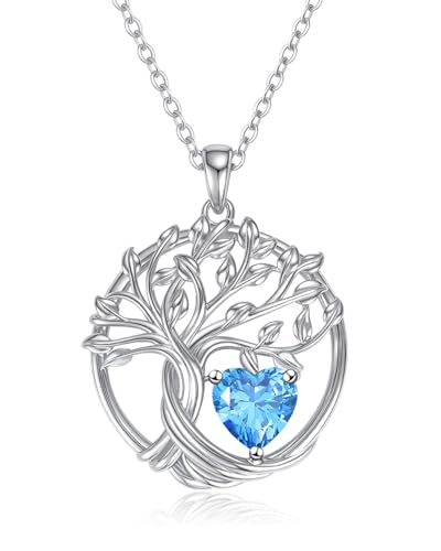 Collar de Árbol de la Vida para Mujer 925 Plata de Ley Colgante de Árbol de la Vida Cadena de Corazón Piedra de Nacimiento Personalizada Joyería para Regalo para Niña, Madre, Hija, Hermana, Amiga