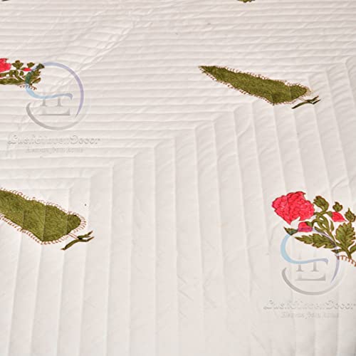 Image of 380 GSM Jaipuri Hand Block Flower and Tree Design Printed Reversible Pure Cotton Double Bed Winter and Summer Quilt Razai - King Size Red, Green, Cream and Multicolor, Rajai