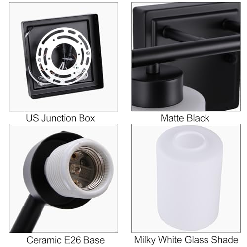 Image of 3 Light Bathroom Light Fixtures, 19.2 Inches Vanity Lights for Mirror, Black Vanity Lighting Fixtures with Milky White Glass Shades