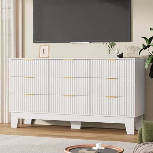 Image of Garvee 9 Drawer Dresser for Bedroom, 59 inch Wide Fluted Chest of Drawers with Metal Handle, Modern Wooden Dresser TV Stand, Clothes Storage Organizer Wood Closet for Hallway, Entryway, White