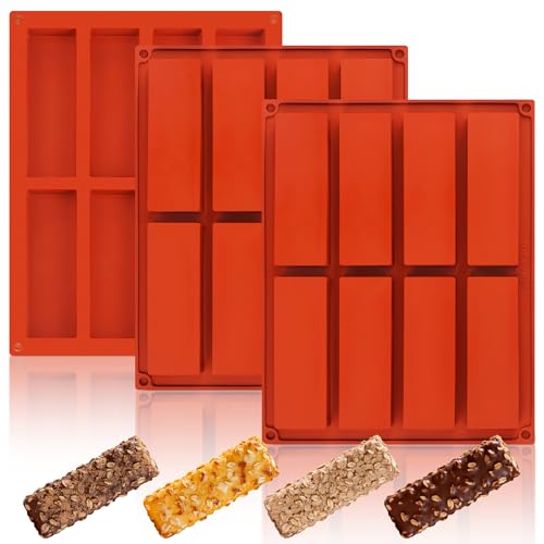 Wilewir 3Pcs Silicone Granola Bar Mold 8-Cavity Rectangle Protein Bar Mold Silicone Baking Molds for Protein Bar Non-stick Candy Chocolate Bar Mold for Chocolate Bars Butter Cereal Energy Bars