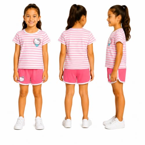 Image of Hello Kitty Girls Short Set - 2 Piece Short Sleeve Graphic Tee and Shorts Clothing Outfits (Sizes: 2T-12)