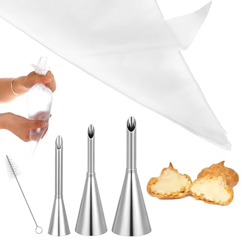 KFHENSOMR Cream Puff Cupcake Filler Piping Tips Kit 3pcs Long Puff Nozzle Donut Filler Injector With 50 Disposable Pastry Piping Bags & Injector Tip Cleaning Brush For Filling Donuts Puff Eclairs
