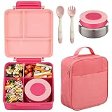 Bento Lunch Box Set for Kids with 8oz Soup Thermo, Leak-Proof Lunch Containers with 4 Compartment, Kids Thermo Hot Food Jar and Insulated Lunch Bag for Kid to School-Pink