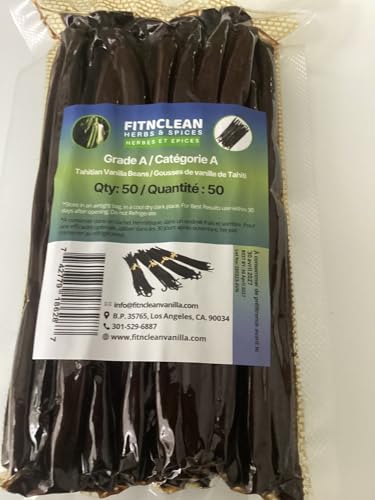 50 Tahitian Vanilla Beans Grade A by FITNCLEAN VANILLA for Baking, Extract and Paste. ~5' Bulk Fresh...