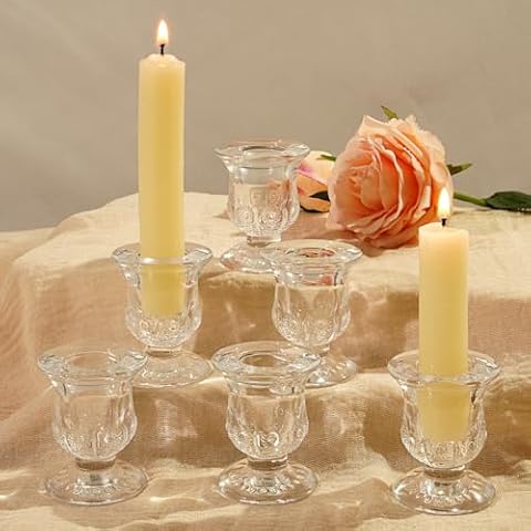 Glass Candle Holders for Candlestick, 6Pcs 2.4" Crystal Taper Candlestick Holder Clear Candle Sticks Holder Set for Wedding Party Christmas Living Room Dining Room Table Centerpiece Cover