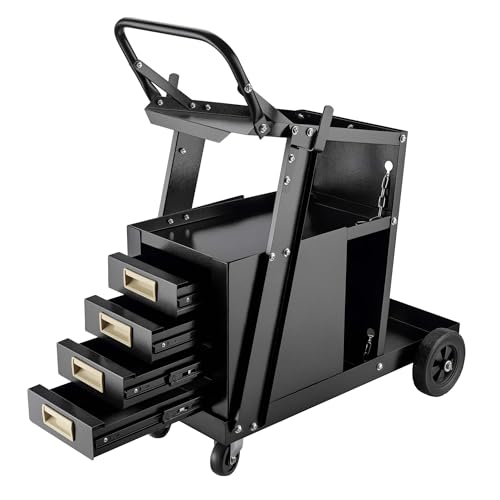 Wiltec Chariot de Poste à souder Mobile – avec 4 Roues, 4 tiroirs et chaînes de rétention – Chariot d’Atelier de soudage et brasage