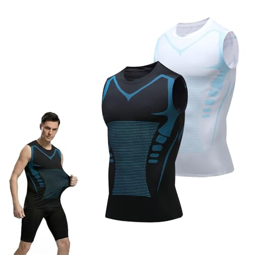 Compression Shirt Men, Men Shaping Sleeveless Vest, Sport Running Wicking Dry Fit Breathable Sleeveless Gym Shirt (US, Alpha, Large, Regular, Regular, Black+White)