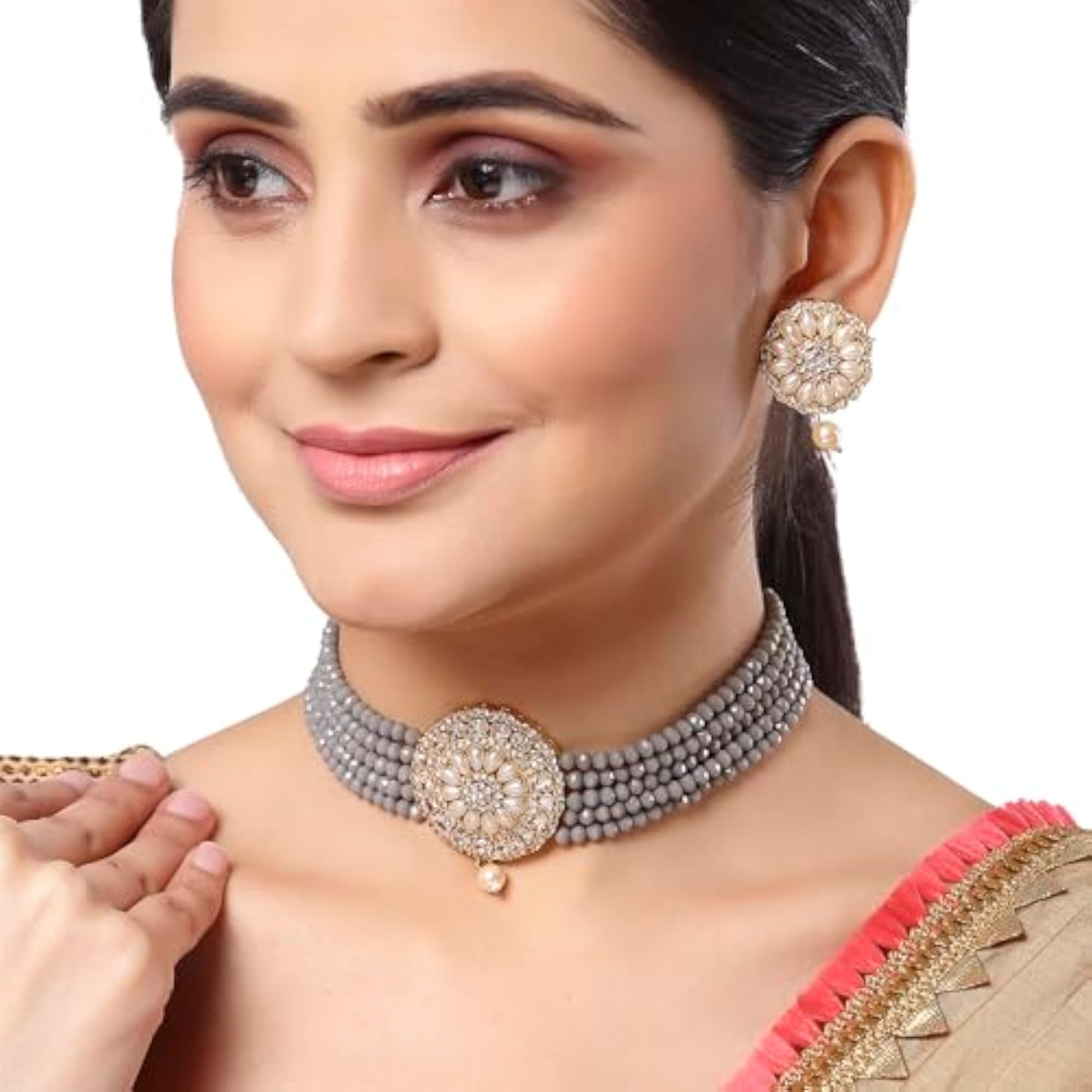 American Diamond Plated Brass Pearl Choker Necklace Set
