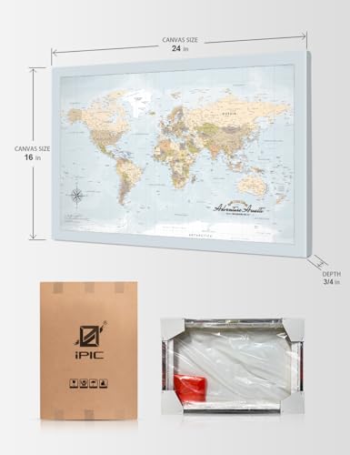 Image of IPIC - Canvas World Maps for Wall Decor, Push Pin Map Decor to Mark Travels, World Travel Map Print for Home, Office, Study, and RV, Ready to Hang